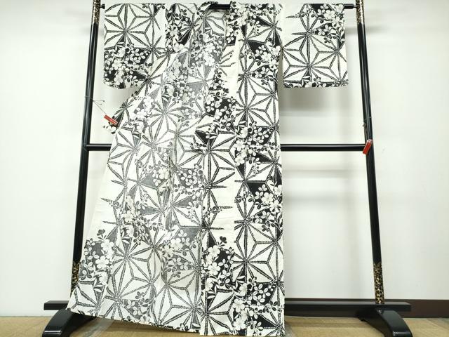 平和屋着物∴夏物 浴衣 草花麻の葉文様 綿 逸品 CABD2660ng
