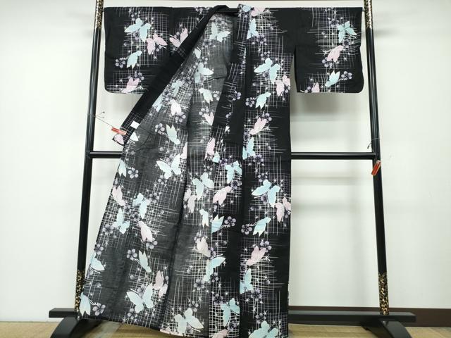 平和屋着物∴夏物 浴衣 舞蝶文 黒地 逸品 CABD2664ng