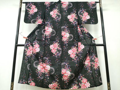 平和屋着物∴夏物 浴衣 満月 薔薇 バラ 黒地 綿 逸品 CABD2668ng