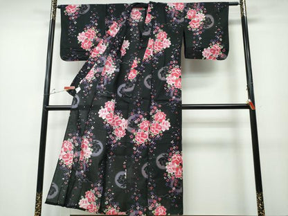 平和屋着物∴夏物 浴衣 満月 薔薇 バラ 黒地 綿 逸品 CABD2668ng