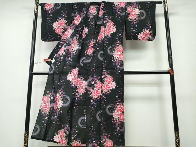 平和屋着物∴夏物 浴衣 満月 薔薇 バラ 黒地 綿 逸品 CABD2668ng