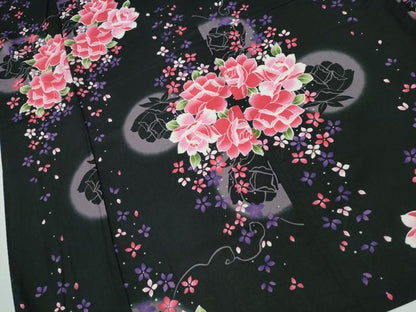 平和屋着物∴夏物 浴衣 満月 薔薇 バラ 黒地 綿 逸品 CABD2668ng