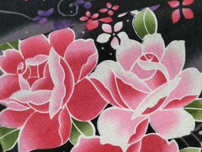 平和屋着物∴夏物 浴衣 満月 薔薇 バラ 黒地 綿 逸品 CABD2668ng