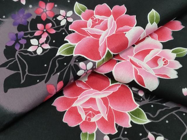 平和屋着物∴夏物 浴衣 満月 薔薇 バラ 黒地 綿 逸品 CABD2668ng