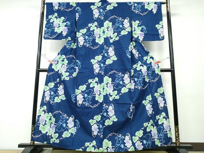 平和屋着物∴夏物 浴衣 綿紅梅 キャラクター 葡萄蔦の葉文 綿 逸品 CABD2674ng