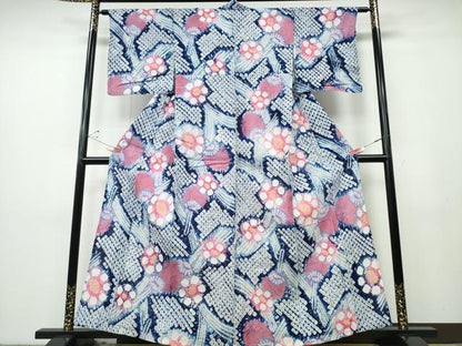 平和屋着物∴夏物 浴衣 有松鳴海絞り 団扇花文 綿 逸品 未使用 CABD2706ng