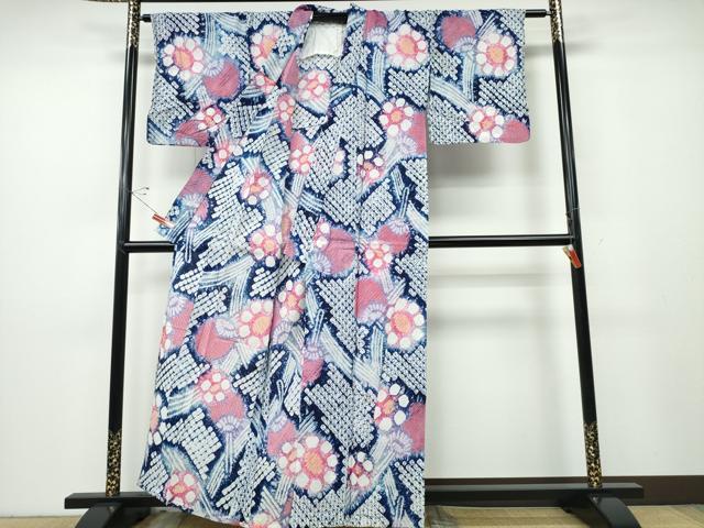 平和屋着物∴夏物 浴衣 有松鳴海絞り 団扇花文 綿 逸品 未使用 CABD2706ng