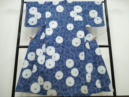平和屋着物∴夏物 浴衣 藍 注染 手染め 手縫い 菊文 日本製 綿 逸品 CABD2733ng