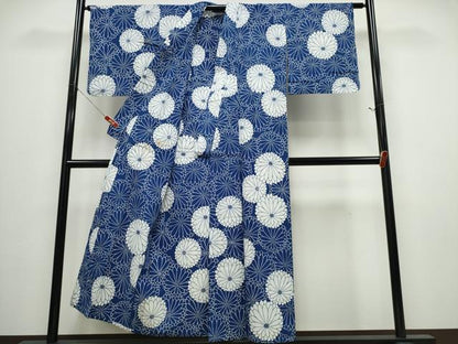 平和屋着物∴夏物 浴衣 藍 注染 手染め 手縫い 菊文 日本製 綿 逸品 CABD2733ng