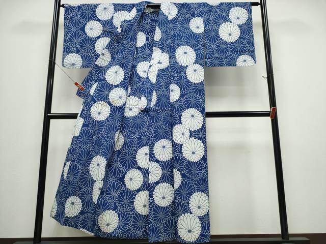 平和屋着物∴夏物 浴衣 藍 注染 手染め 手縫い 菊文 日本製 綿 逸品 CABD2733ng