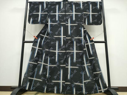 平和屋着物∴夏物 撫松庵 浴衣 蜻蛉 トンボ 黒地 綿 逸品 CABD2742ng