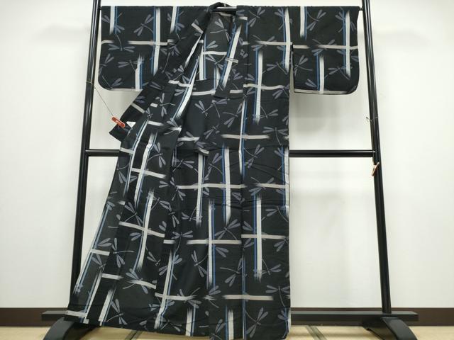 平和屋着物∴夏物 撫松庵 浴衣 蜻蛉 トンボ 黒地 綿 逸品 CABD2742ng