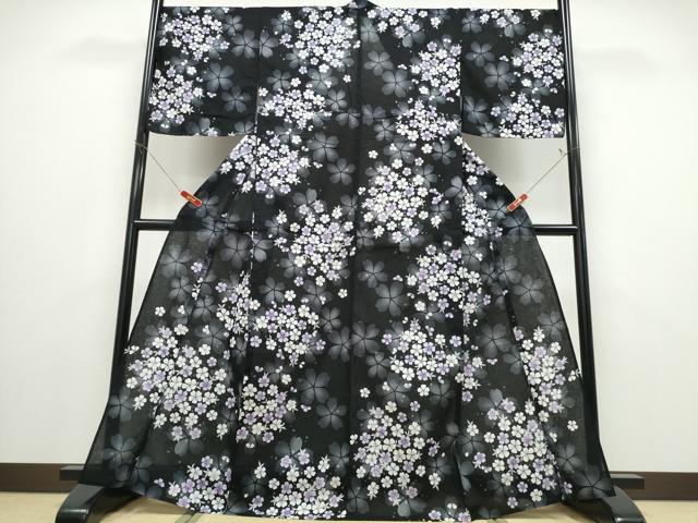 平和屋着物∴夏物 浴衣 綿紅梅 舞花尽くし ラメ 黒地 綿 逸品 CABD2743ng