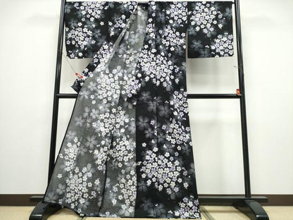 平和屋着物∴夏物 浴衣 綿紅梅 舞花尽くし ラメ 黒地 綿 逸品 CABD2743ng