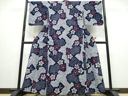 平和屋着物∴夏物 浴衣 有松鳴海絞り 地紙花文 綿 逸品 CABD2759ng