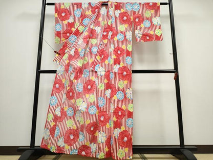 平和屋着物∴夏物　浴衣　間道　椿花文　綿　逸品　CABD2778ng