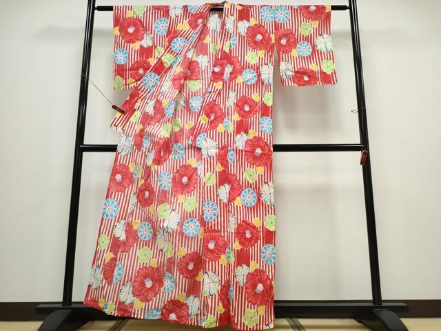 平和屋着物∴夏物　浴衣　間道　椿花文　綿　逸品　CABD2778ng