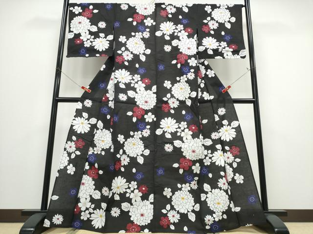 平和屋着物∴夏物 浴衣 舞花文 黒地 綿 逸品 CABD2779ng