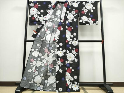 平和屋着物∴夏物 浴衣 舞花文 黒地 綿 逸品 CABD2779ng