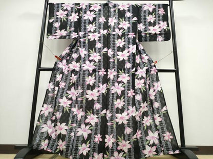 平和屋着物∴夏物 浴衣 百合 ゆり レース花文様 黒地 綿 逸品 CABD2783ng