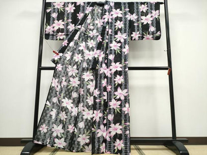 平和屋着物∴夏物 浴衣 百合 ゆり レース花文様 黒地 綿 逸品 CABD2783ng