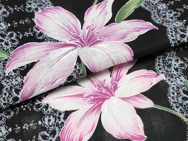 平和屋着物∴夏物 浴衣 百合 ゆり レース花文様 黒地 綿 逸品 CABD2783ng