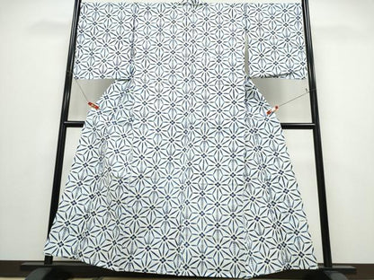 平和屋着物∴夏物　浴衣　注染　手染め　手縫い　麻の葉文様　綿　逸品　CABD2786ng