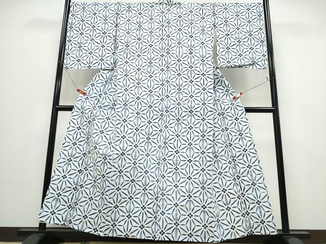 平和屋着物∴夏物　浴衣　注染　手染め　手縫い　麻の葉文様　綿　逸品　CABD2786ng
