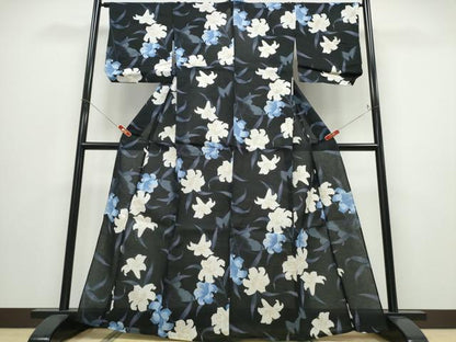 平和屋着物∴夏物 浴衣 ゆり 百合 黒地 綿 逸品 CABD2789ng