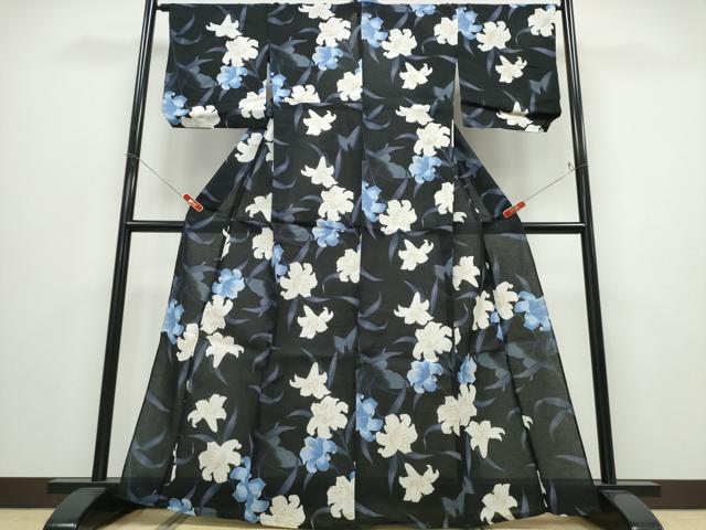 平和屋着物∴夏物 浴衣 ゆり 百合 黒地 綿 逸品 CABD2789ng