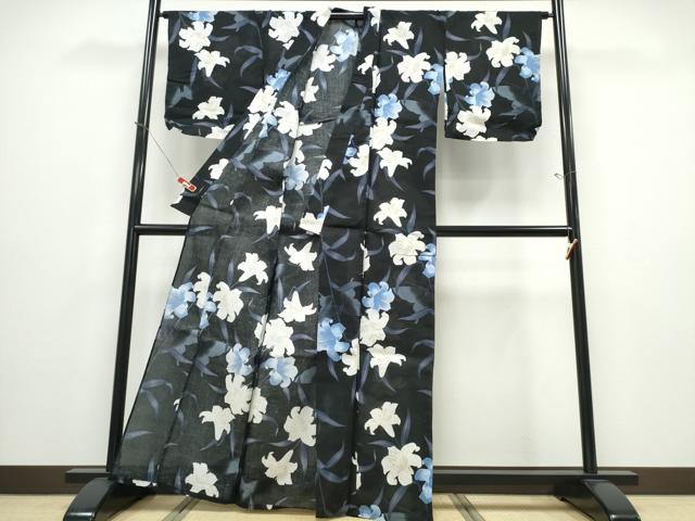 平和屋着物∴夏物 浴衣 ゆり 百合 黒地 綿 逸品 CABD2789ng