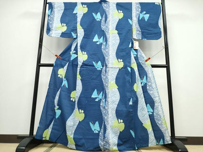平和屋着物∴夏物 浴衣 よろけ縞舞蝶文 綿 逸品 未使用 CABD2790ng