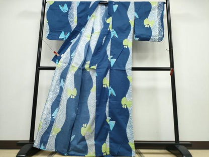 平和屋着物∴夏物 浴衣 よろけ縞舞蝶文 綿 逸品 未使用 CABD2790ng