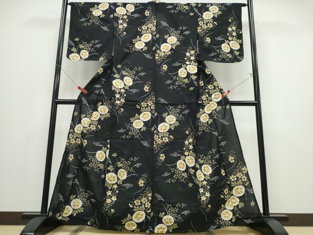 平和屋着物∴夏物 浴衣 朝顔 草花文 黒地 綿 逸品 未使用 CABD2791ng
