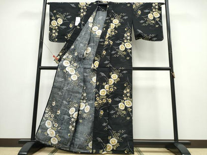 平和屋着物∴夏物 浴衣 朝顔 草花文 黒地 綿 逸品 未使用 CABD2791ng