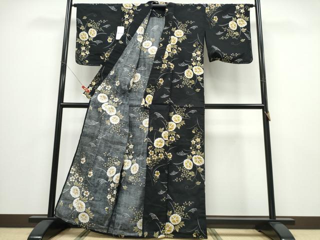 平和屋着物∴夏物 浴衣 朝顔 草花文 黒地 綿 逸品 未使用 CABD2791ng