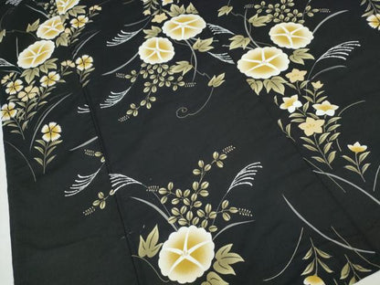 平和屋着物∴夏物 浴衣 朝顔 草花文 黒地 綿 逸品 未使用 CABD2791ng