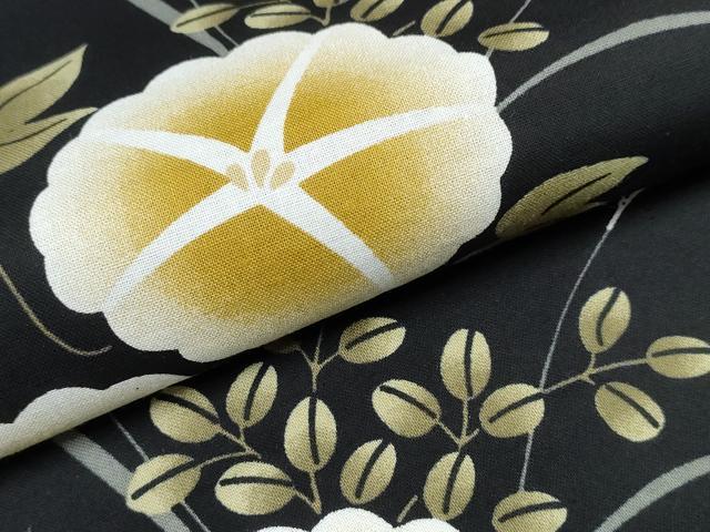 平和屋着物∴夏物 浴衣 朝顔 草花文 黒地 綿 逸品 未使用 CABD2791ng