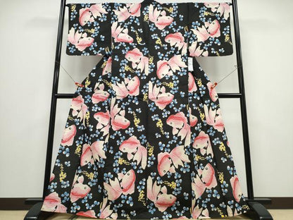 平和屋着物∴夏物 浴衣 金魚 黒地 綿 逸品 未使用 CABD2792ng