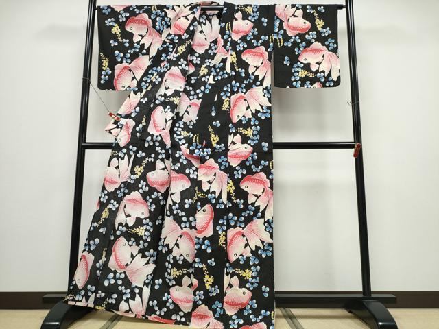 平和屋着物∴夏物 浴衣 金魚 黒地 綿 逸品 未使用 CABD2792ng