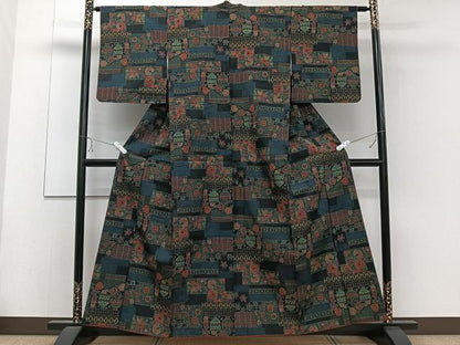 平和屋着物■上質な紬 花瓶花文 黒地 正絹 逸品 CABD2910xi