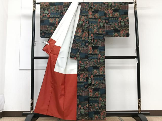 平和屋着物■上質な紬 花瓶花文 黒地 正絹 逸品 CABD2910xi