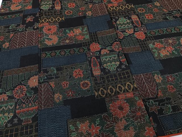 平和屋着物■上質な紬 花瓶花文 黒地 正絹 逸品 CABD2910xi