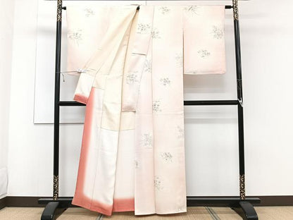 平和屋着物■上質な小紋 手描き 流水草花文 地紋お越し 暈し染め カラー胴裏:淡黄色 正絹 逸品 CABD2967xi