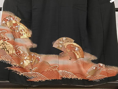 平和屋着物■豪華黒留袖 立波扇面花鳥文 金彩 正絹 逸品 CABD2983xi