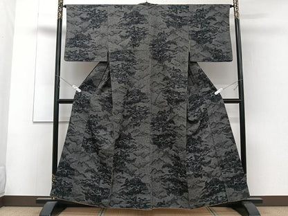 平和屋着物■上質な紬　風景文　黒地　正絹　逸品　CABD3018xi