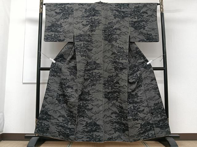 平和屋着物■上質な紬　風景文　黒地　正絹　逸品　CABD3018xi