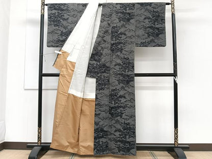 平和屋着物■上質な紬　風景文　黒地　正絹　逸品　CABD3018xi