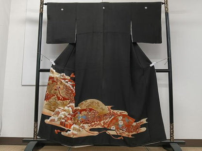 平和屋着物■豪華黒留袖 駒刺繍 孔雀花文 松竹梅 金彩 正絹 逸品 CABD3066xi