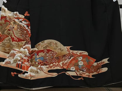 平和屋着物■豪華黒留袖 駒刺繍 孔雀花文 松竹梅 金彩 正絹 逸品 CABD3066xi